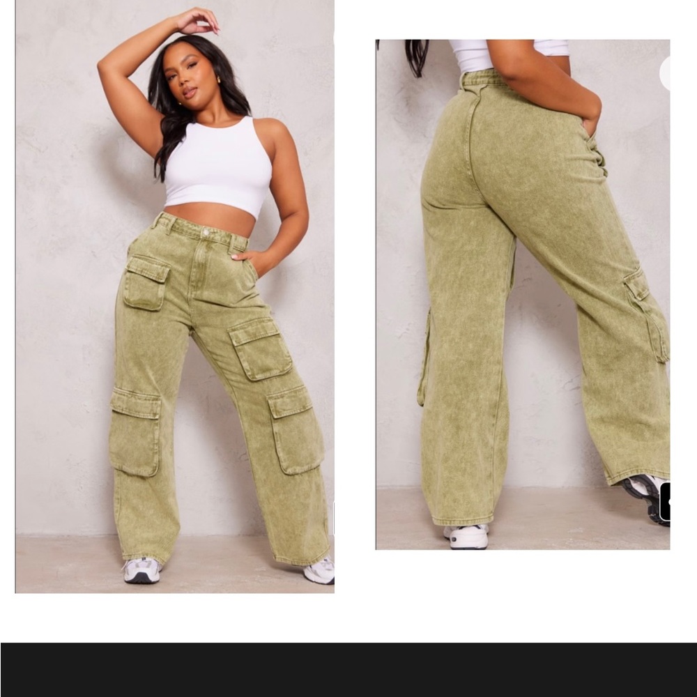 Pretty Little Thing Plus Khaki Cargo Denim Jeans *NEW* SIZE 18 (UK SZ 22)